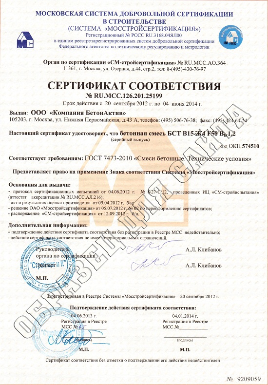 Сертификат соответствия Бетон М-200 (Паспотр качества)