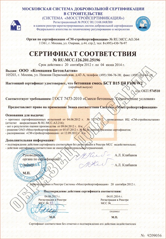 Сертификат соответствия Бетон М-250 (Паспотр качества)
