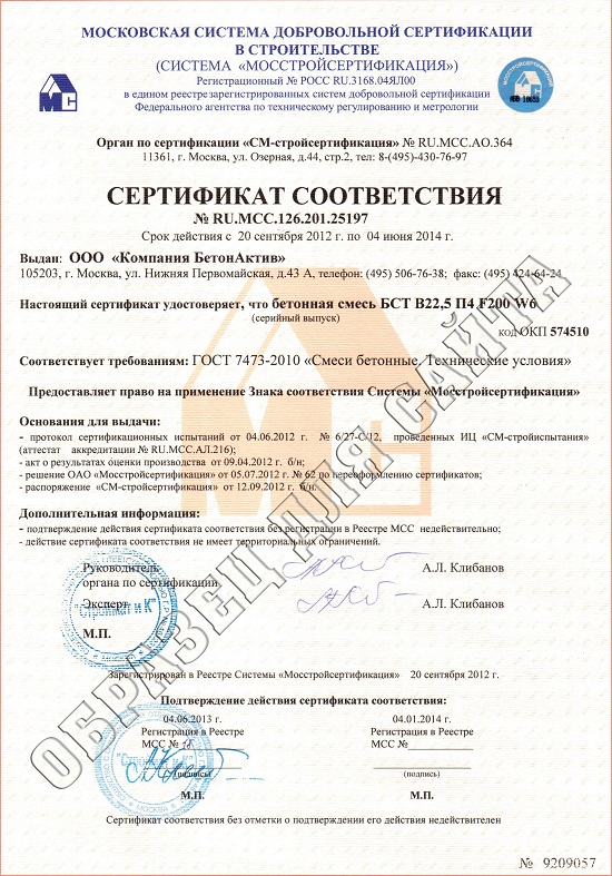Сертификат соответствия Бетон М-300 (Паспотр качества)