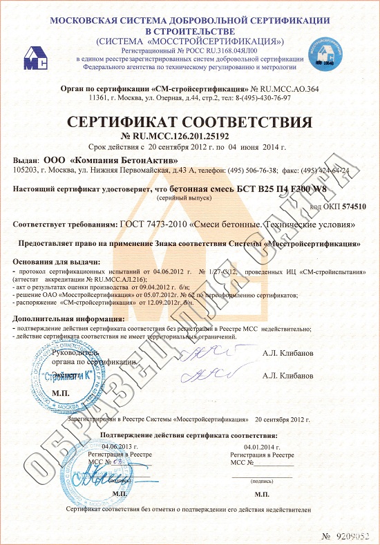 Сертификат соответствия Бетон М-350 (Паспотр качества)