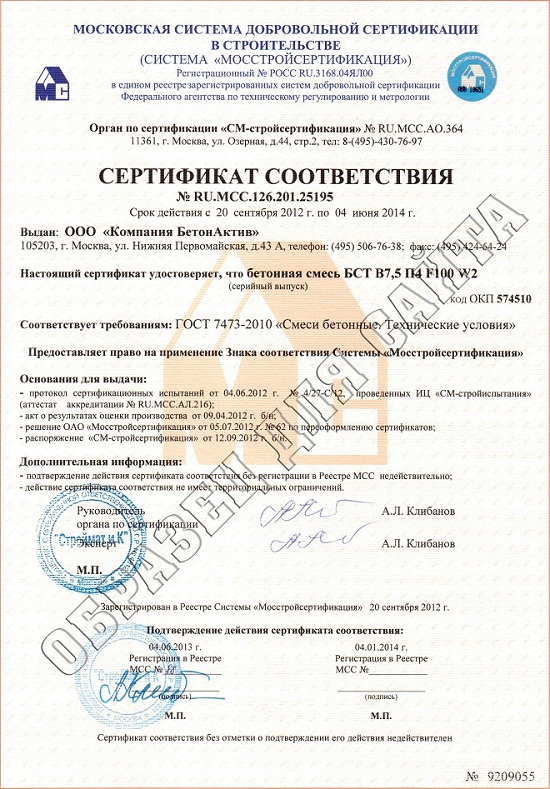 Сертификат соответствия Бетон М-100 (Паспотр качества)